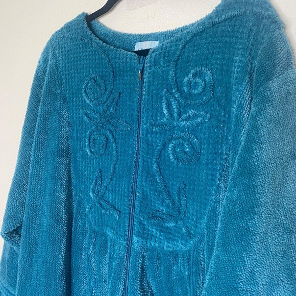 Only Necessities Robe Womens 2X Teal Full-Zip Embroidered Cotton Terry‎ Lounge - Picture 3 of 10